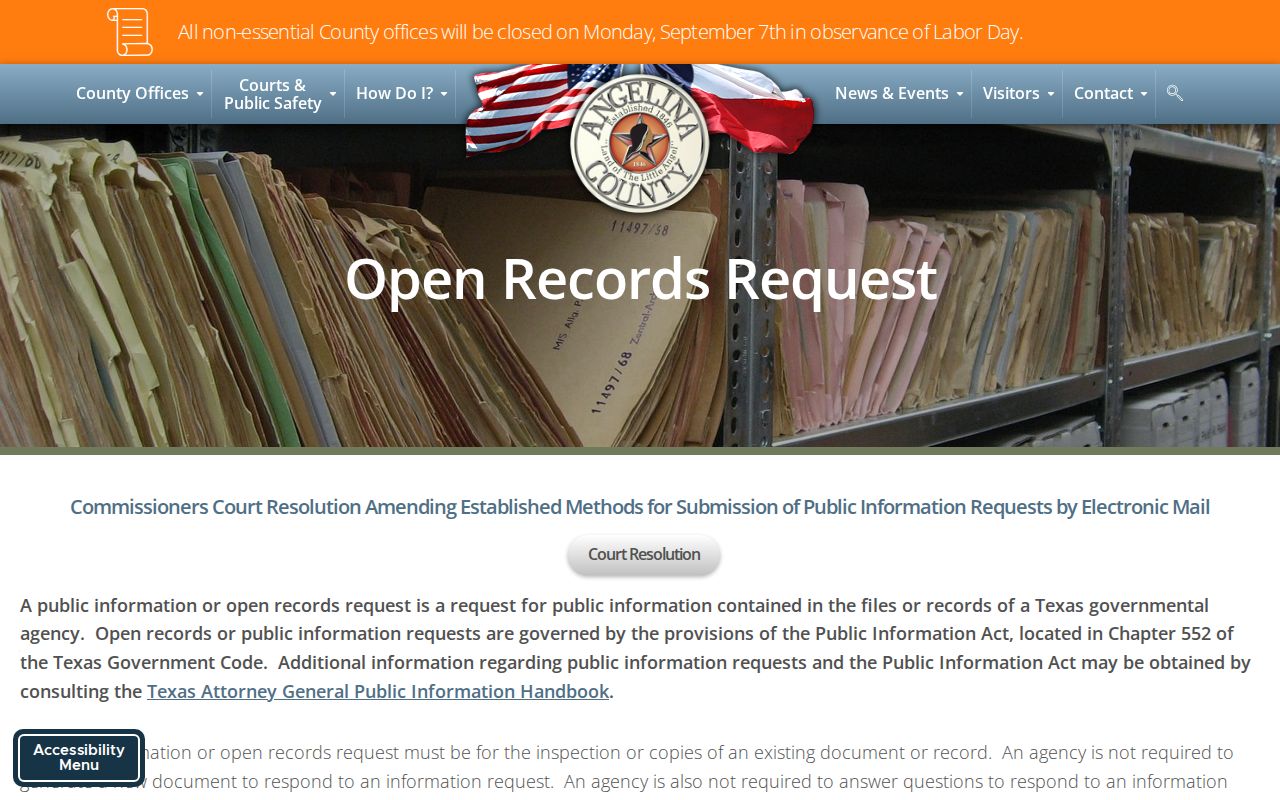 Lufkin residents directory Angelina County open records request portal